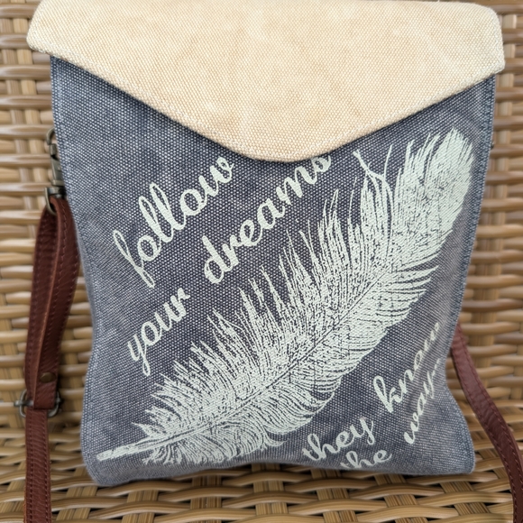 Primitives By Kathy Canvas Crossbody Bag Faux Leather Shoulder Strap Feathers - Picture 2 of 16